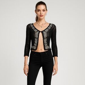 Vintage CDC Crochet Top Black Floral Embroidered Sheer Whimsigoth Open Petite S